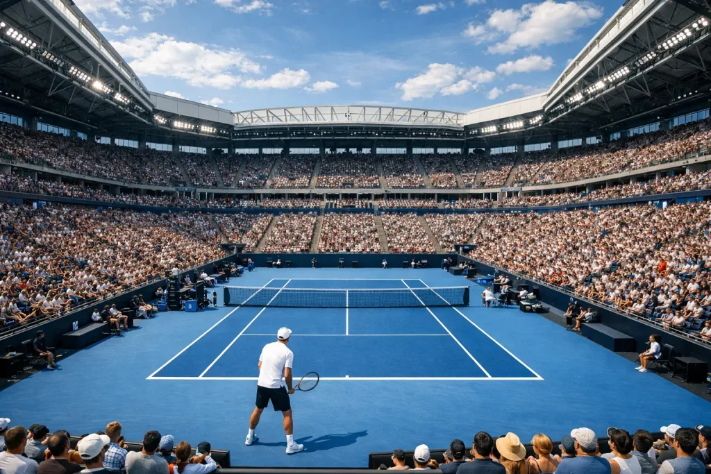 Tennisplatz bei einem ATP Masters 1000 Turnier mit vollen Zuschauerrängen