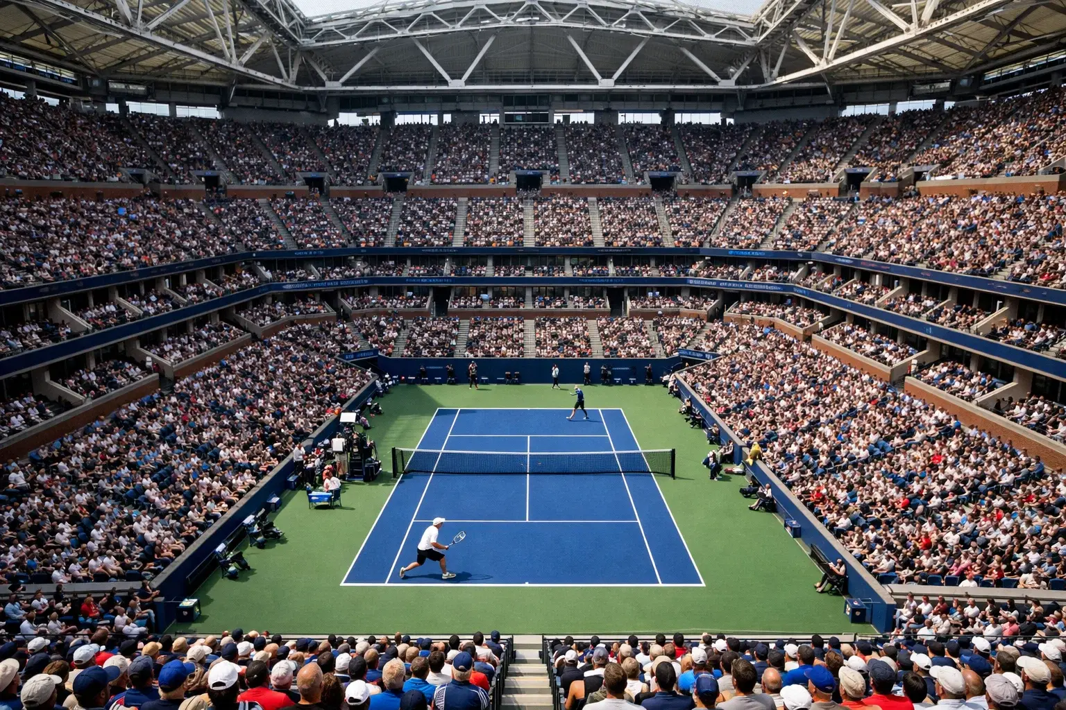 Großes Tennisstadion von oben mit gefüllten Zuschauerrängen bei einem Turnier