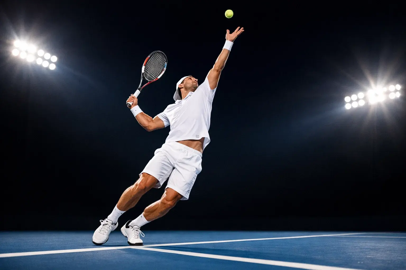 Tennisspieler beim kraftvollen Aufschlag auf einem Hartplatz im Stadion