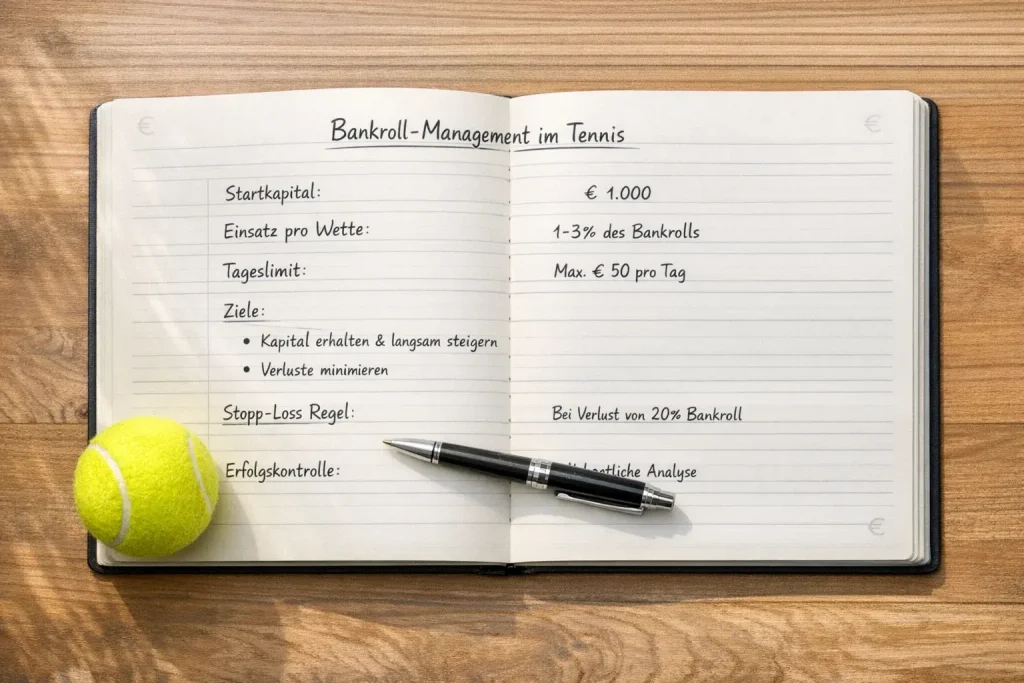 Notizbuch mit Wettplan und Stift neben einem Tennisball auf einem Schreibtisch