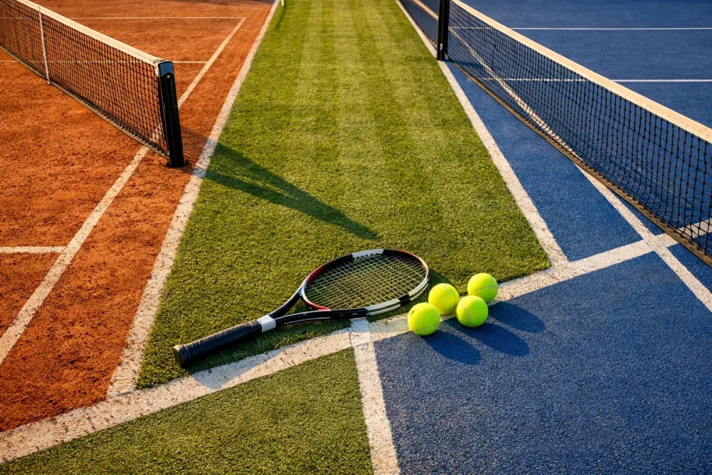Tennisplatz mit drei verschiedenen Belägen – Sand, Rasen und Hartplatz – im Vergleich