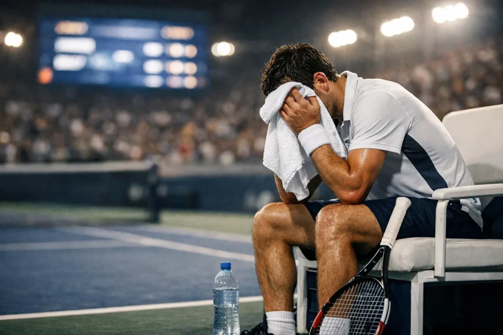 Tennisspieler auf dem Platz während eines langen Fünf-Satz-Matches bei einem Grand Slam
