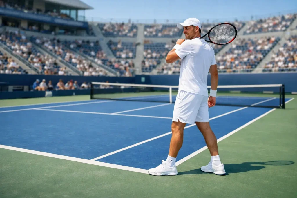 Tennisspieler dominiert das Match auf einem Hartplatz bei einem großen Turnier