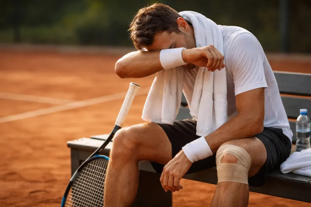 Tennisspieler mit Kniebandage sitzt erschöpft auf der Bank neben dem Platz
