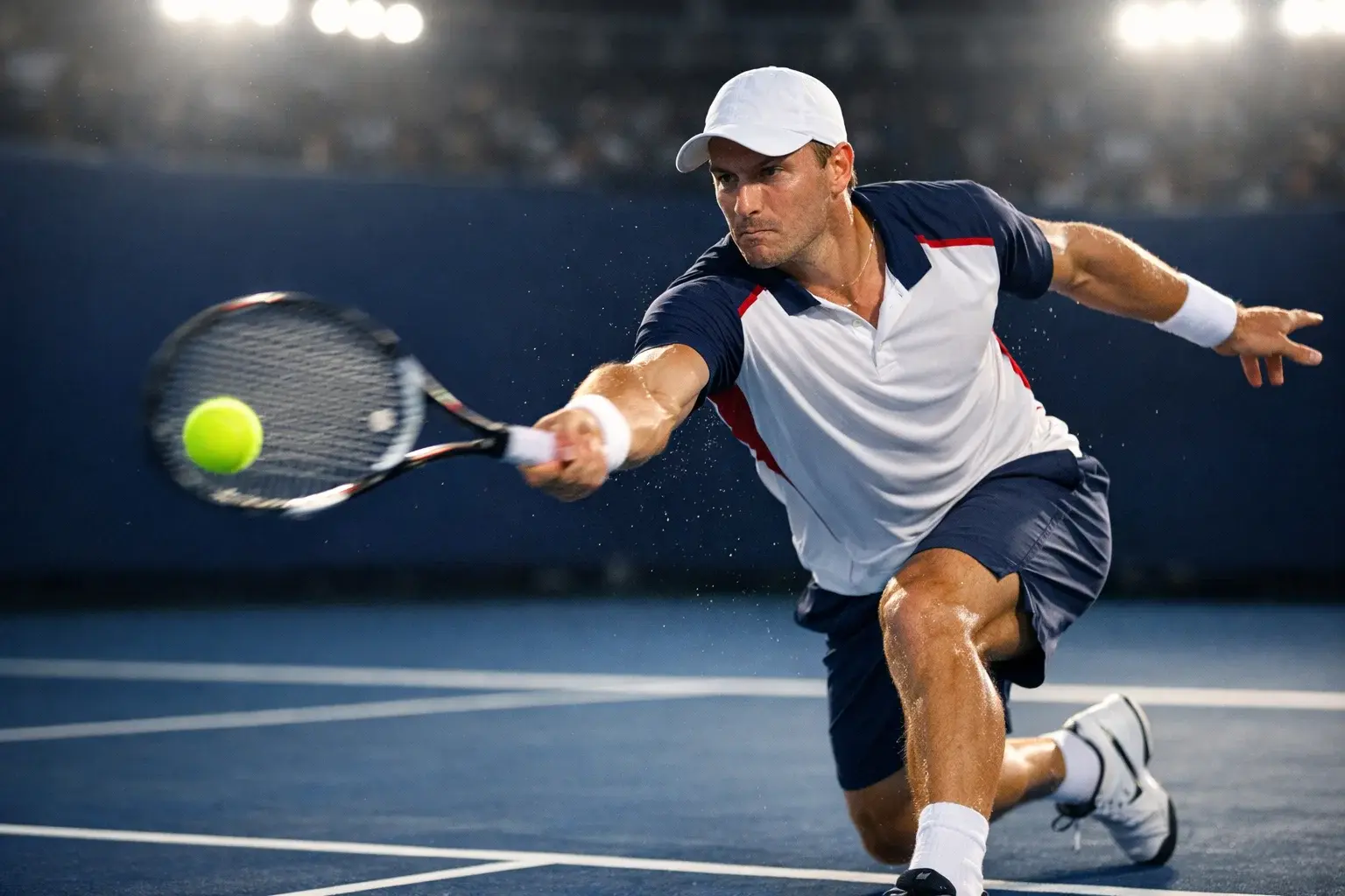 Tennisspieler in voller Aktion auf dem Hartplatz während eines intensiven Ballwechsels