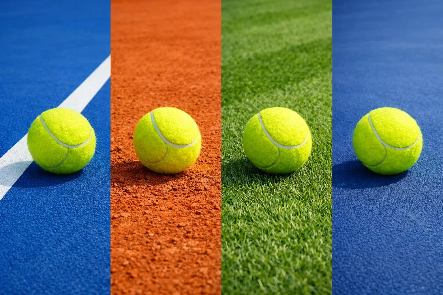Vier Tennisbälle auf vier verschiedenen Grand-Slam-Belägen nebeneinander