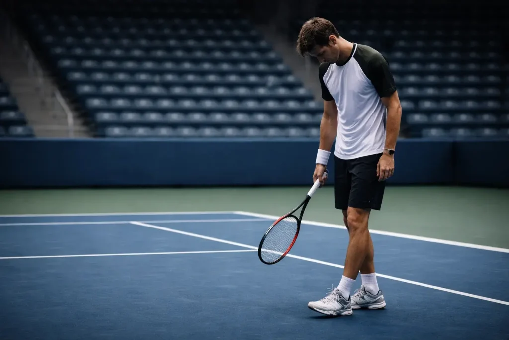 Tennisspieler lässt frustriert den Kopf hängen nach einem verlorenen Punkt