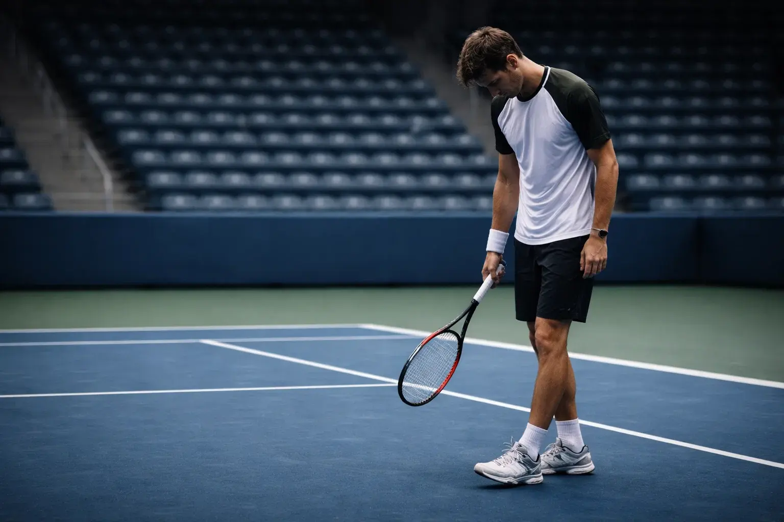 Tennisspieler lässt frustriert den Kopf hängen nach einem verlorenen Punkt