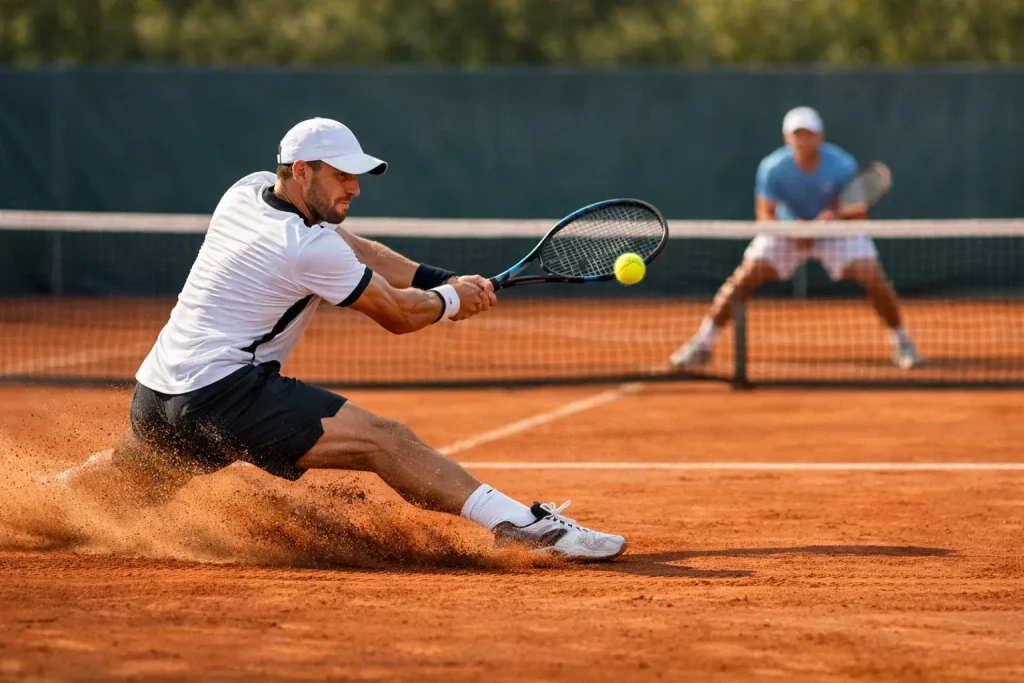 Tennisspieler schlägt einen Return auf einem Sandplatz bei einem Turnier