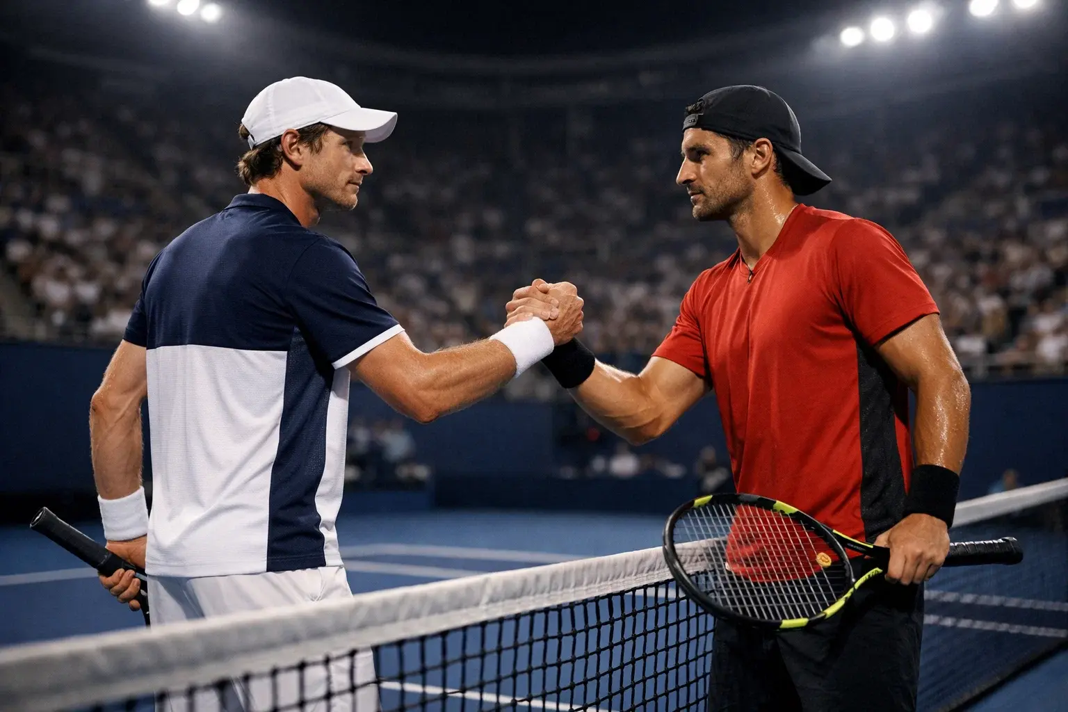 Zwei Tennisspieler stehen sich am Netz gegenüber vor einem Tennismatch