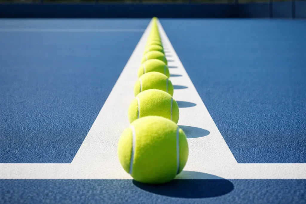 Mehrere Tennisbälle aufgereiht auf einer Linie auf dem Hartplatz