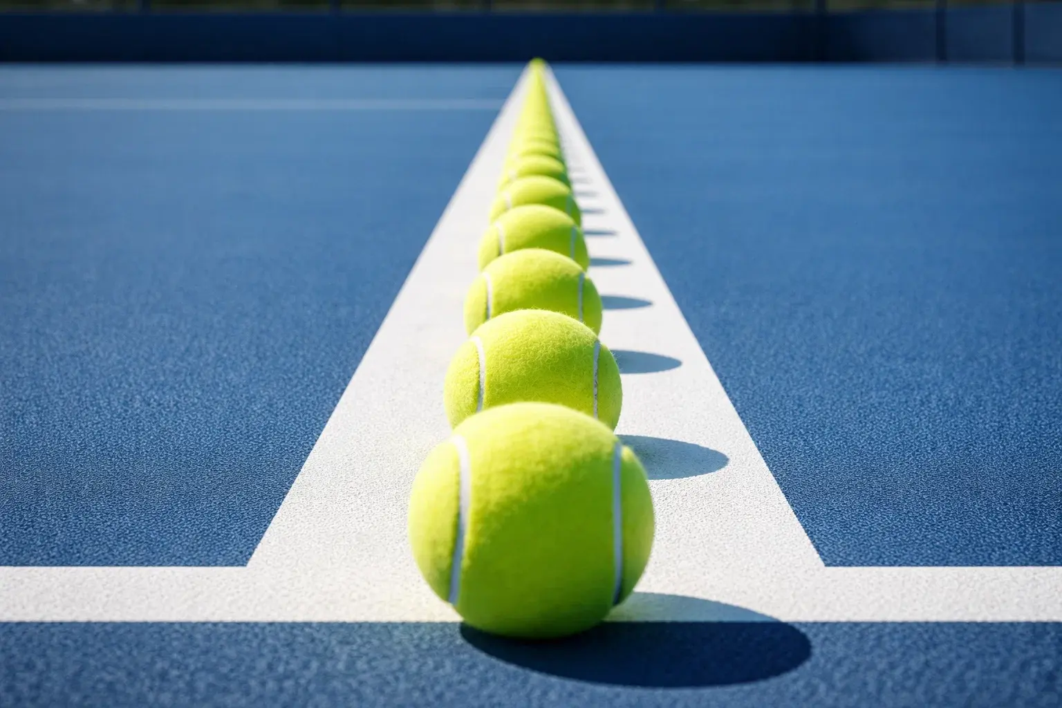 Mehrere Tennisbälle aufgereiht auf einer Linie auf dem Hartplatz
