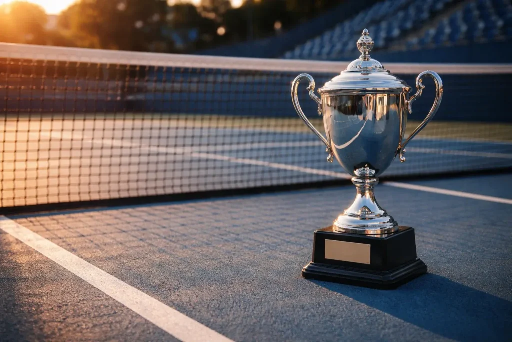 Tennispokal auf einem Podest neben einem Tennisnetz bei Sonnenuntergang