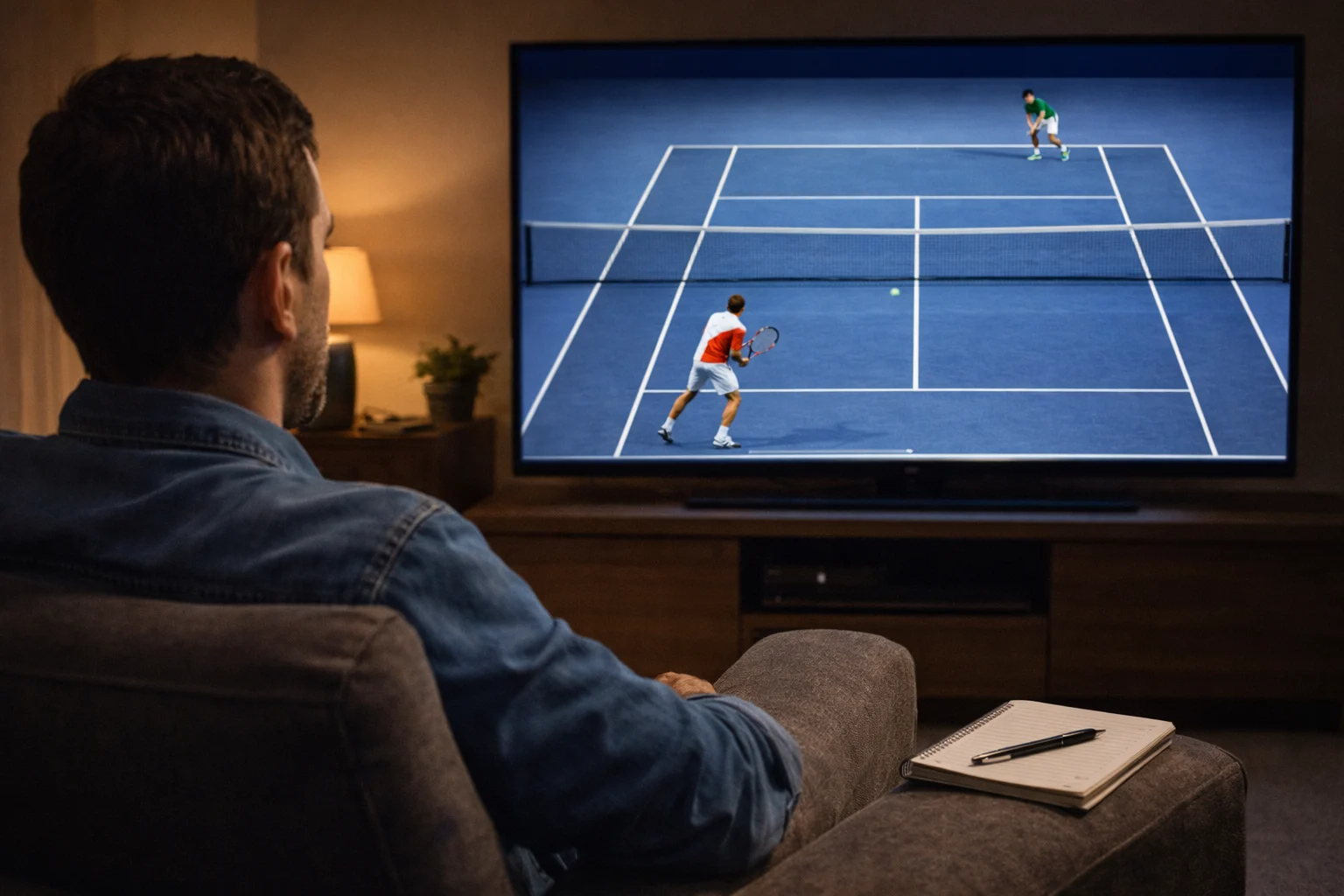 Tennisfan verfolgt ein Live-Tennismatch auf einem Bildschirm in konzentrierter Haltung