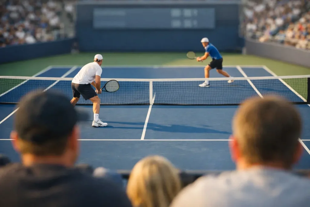 Tennismatch aus Zuschauerperspektive mit Anzeigetafel im Hintergrund
