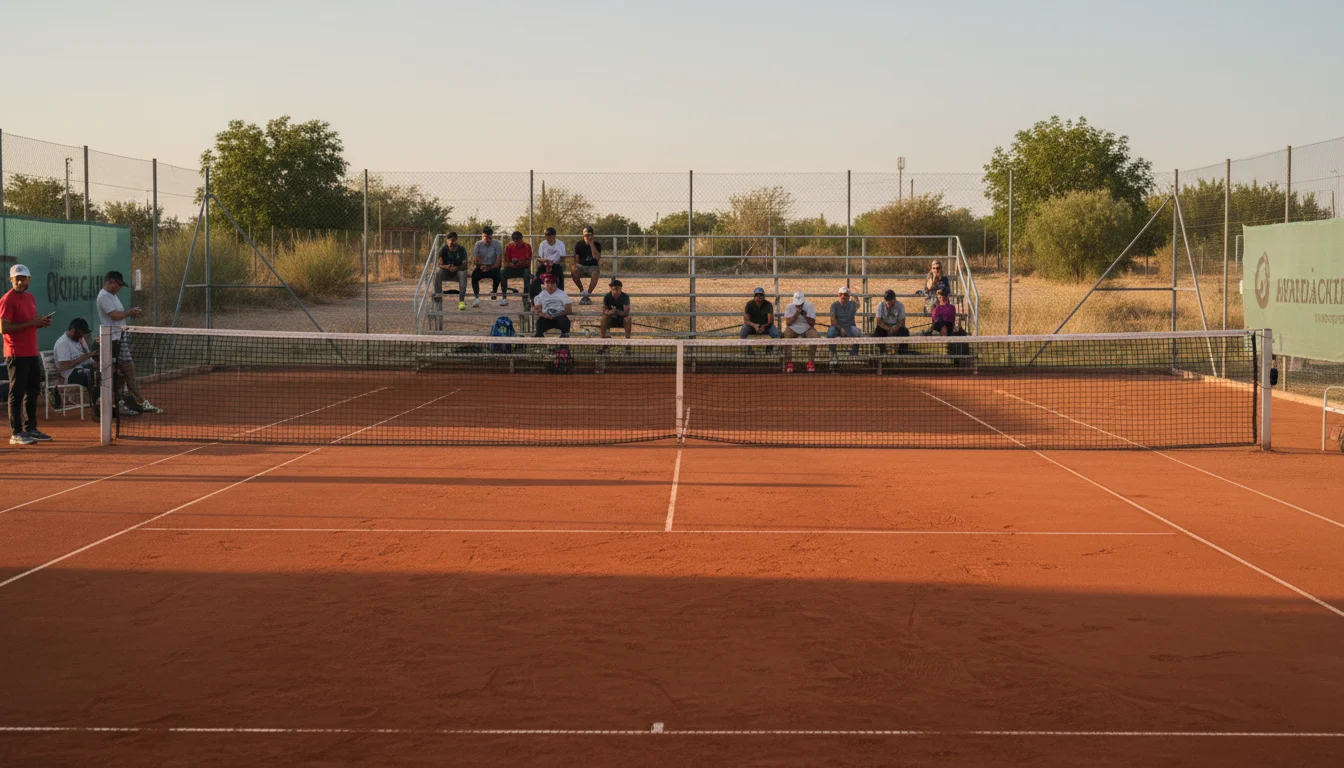 Leerer Tennisplatz bei einem kleinen Turnier mit wenigen Zuschauern im Hintergrund