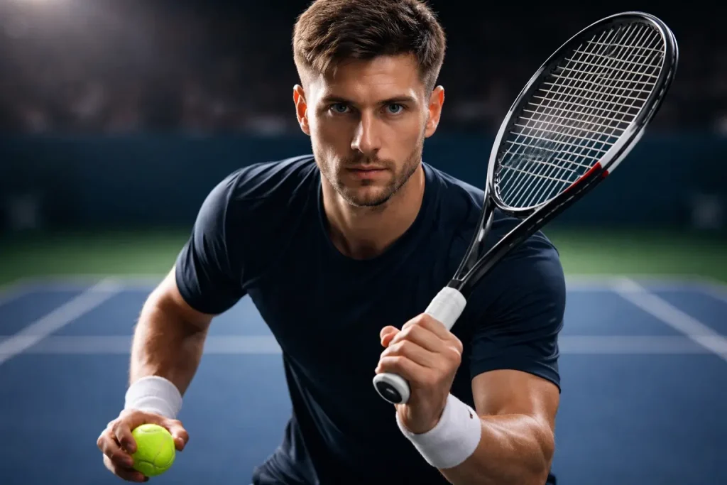 Tennisspieler konzentriert sich vor dem Aufschlag auf dem Centre Court
