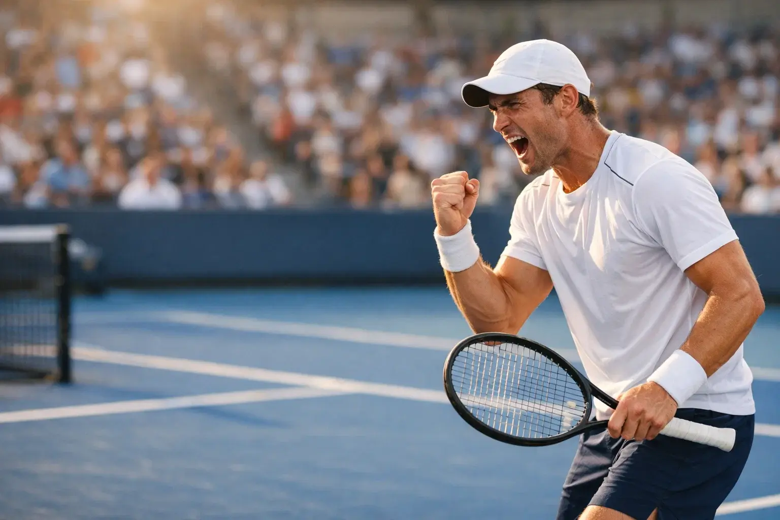 Tennisspieler ballt die Faust nach gewonnenem Punkt auf dem Tennisplatz