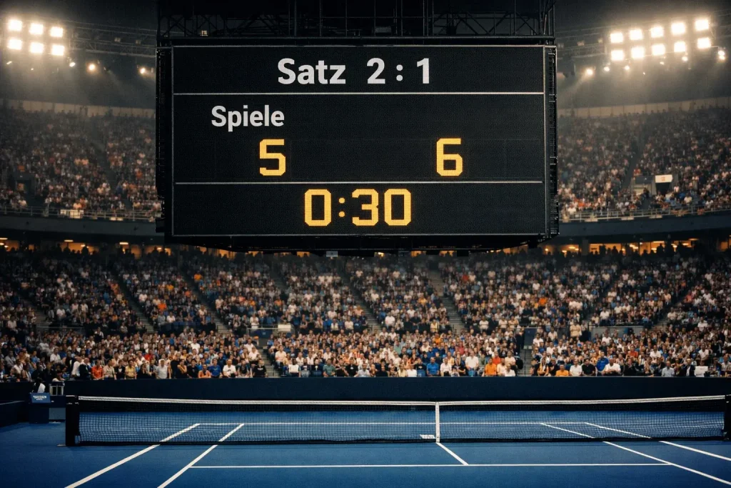 Anzeigetafel eines Tennismatches mit knappem Spielstand in einem Stadion