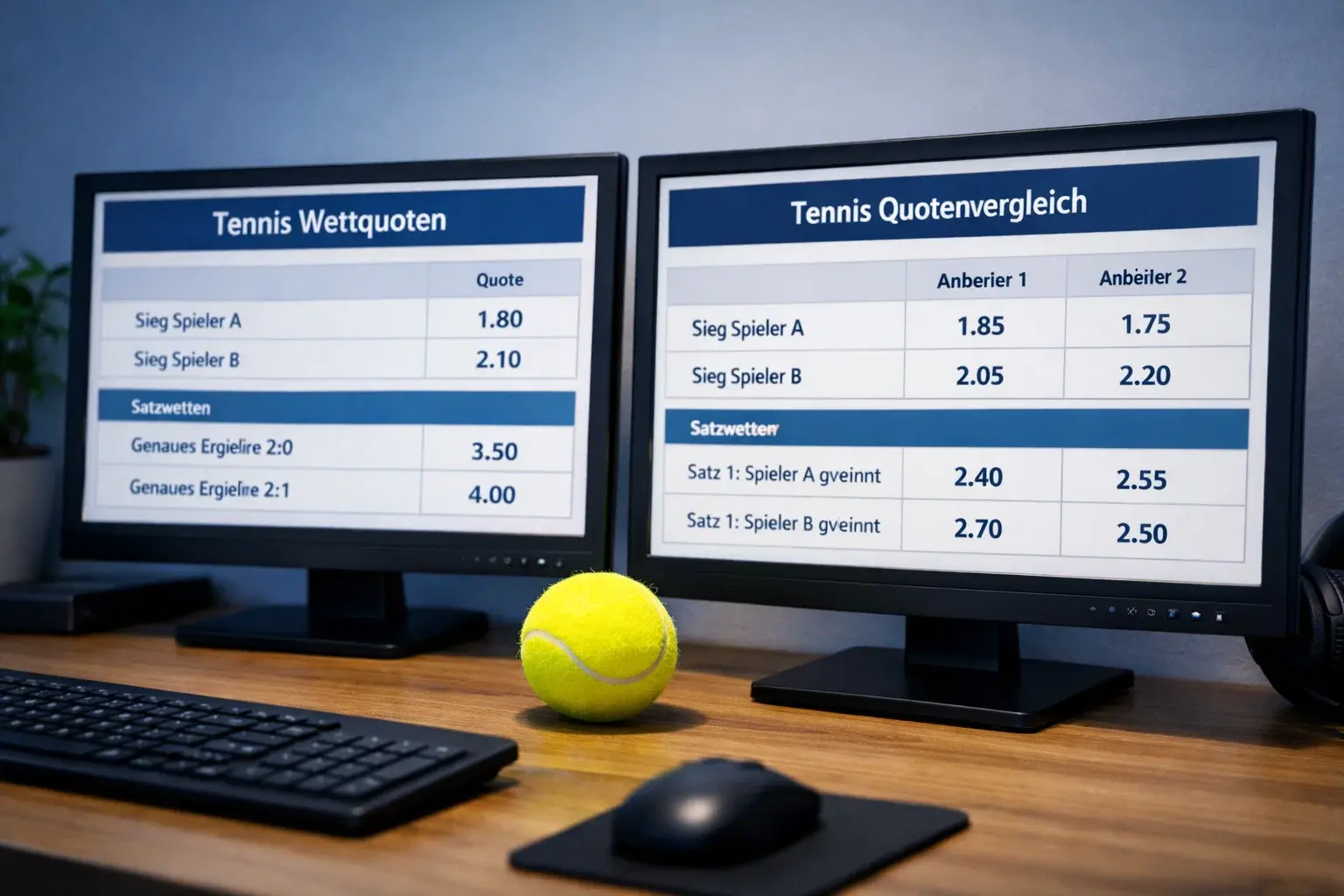 Mehrere Bildschirme nebeneinander zeigen verschiedene Wettquoten für ein Tennismatch