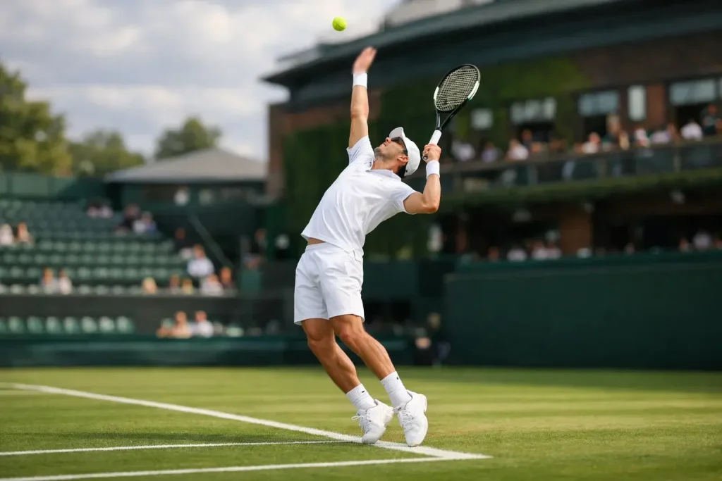 Tennisspieler serviert auf dem grünen Rasen von Wimbledon