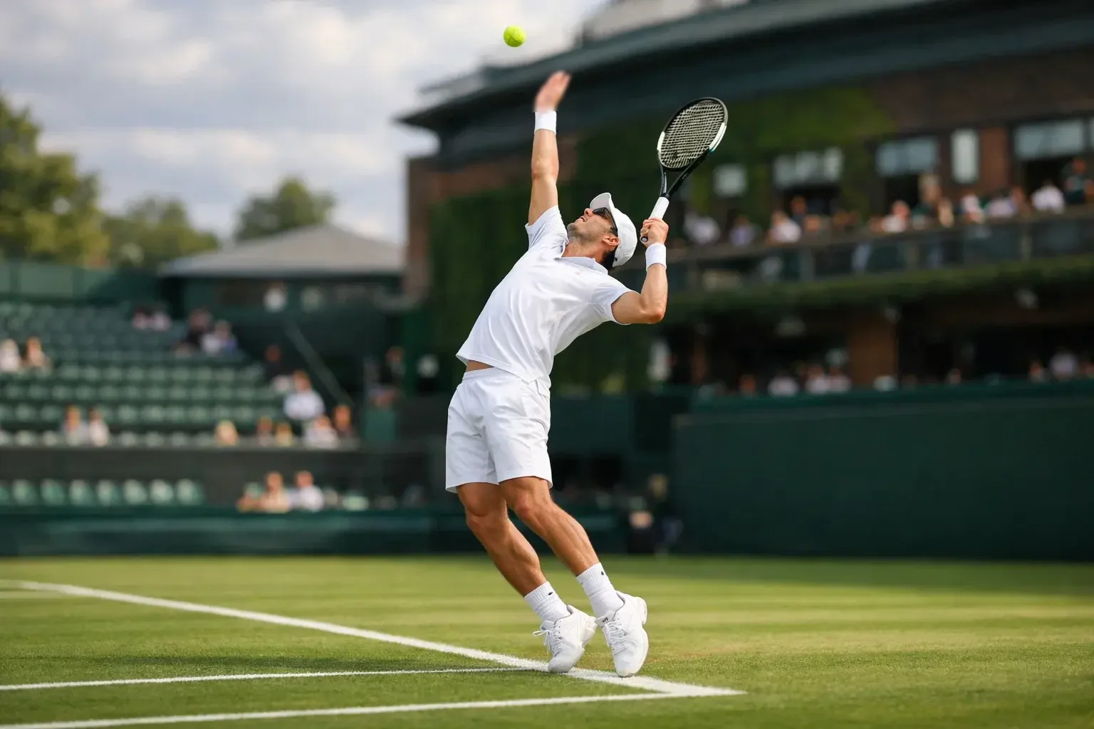 Tennisspieler serviert auf dem grünen Rasen von Wimbledon