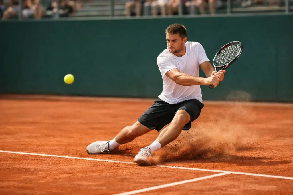 Tennisspieler gleitet auf rotem Sandplatz bei einem Grundlinienduell