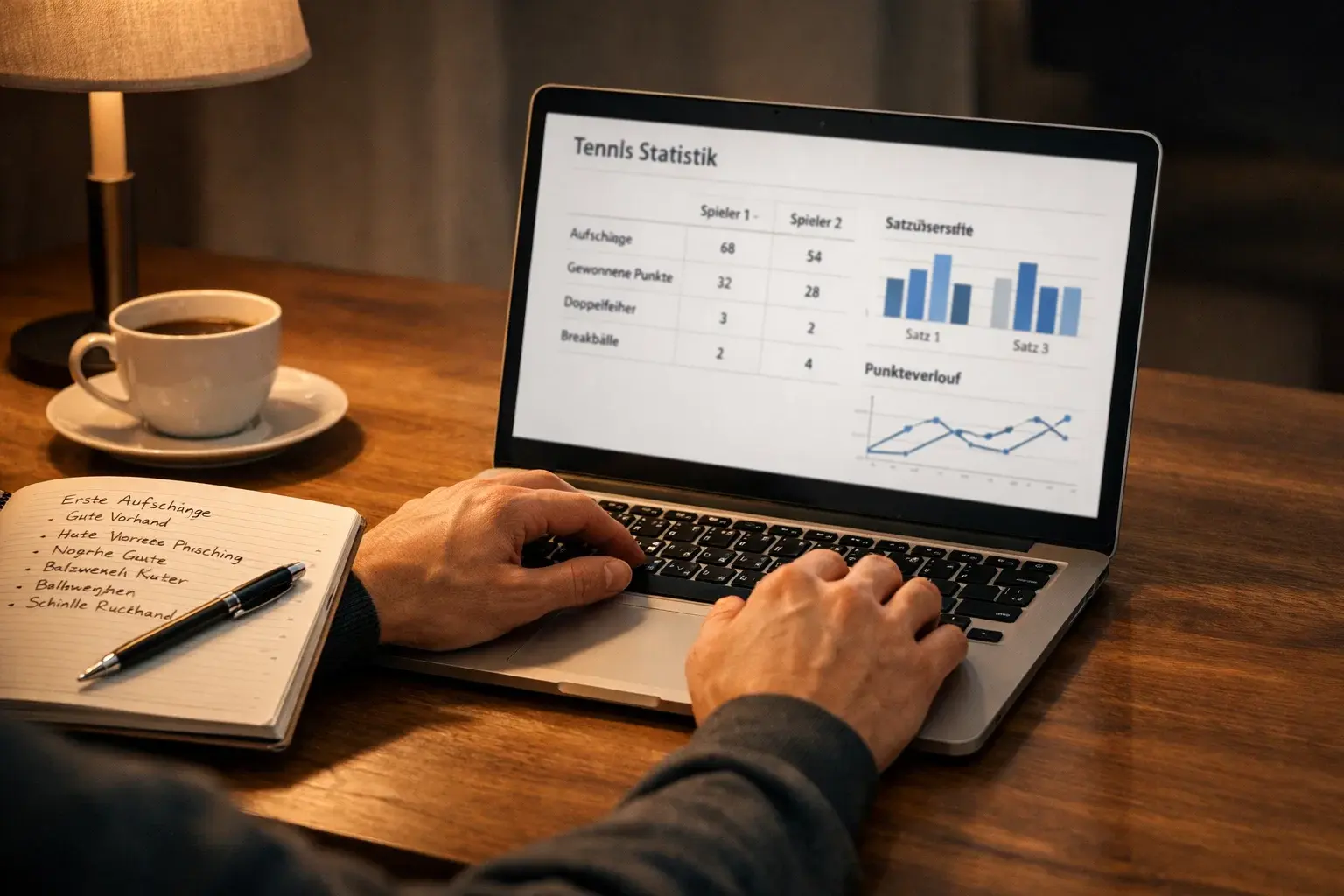 Person analysiert Tennisstatistiken am Laptop mit Notizen daneben