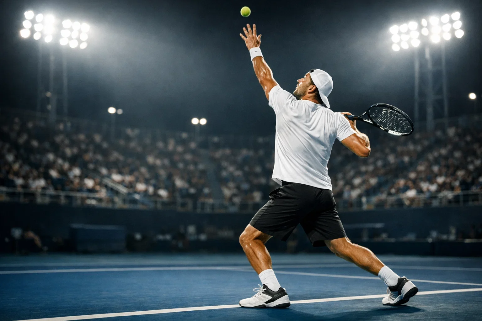 Tennisspieler beim Aufschlag im Flutlicht eines Abendmatches auf Hartplatz
