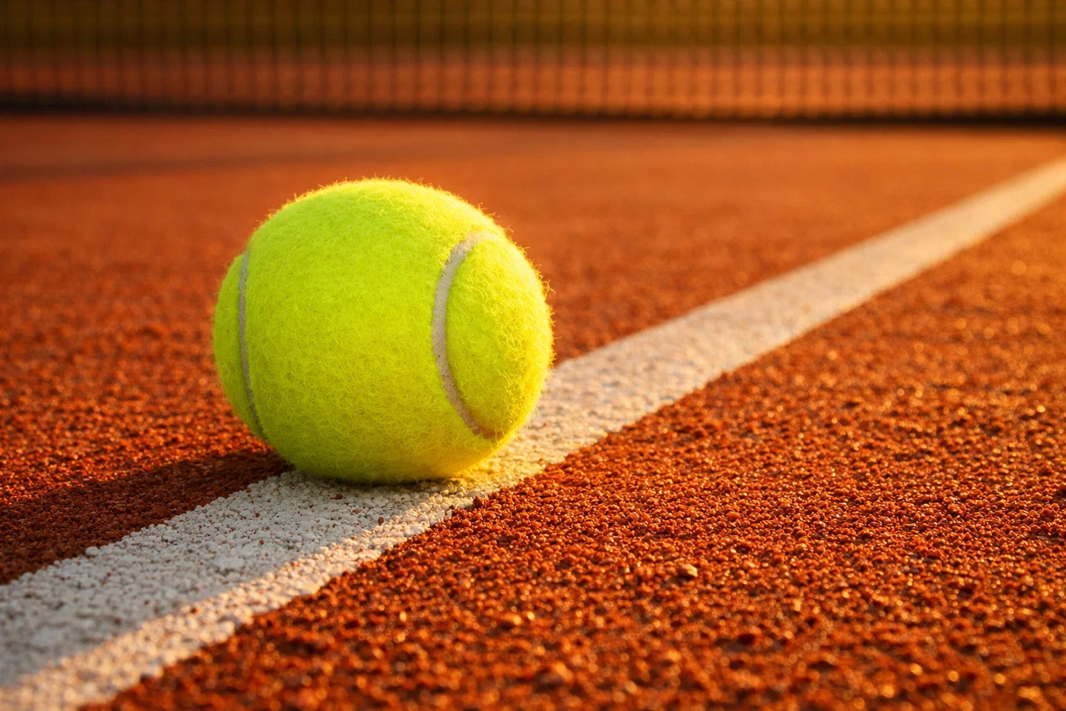 Tennisball auf einem professionellen Sandplatz bei Sonnenuntergang