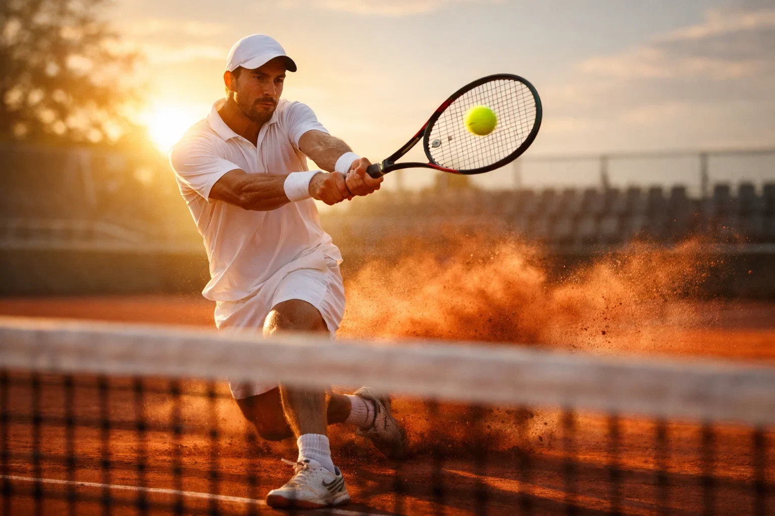 Tennisspieler schlägt eine Vorhand auf einem Sandplatz bei strahlendem Sonnenlicht
