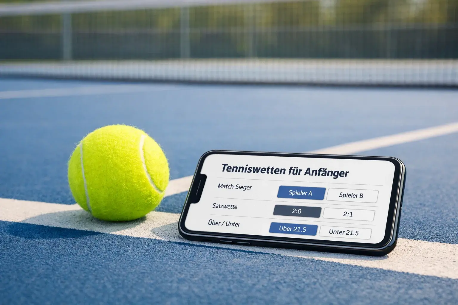 Tennisball auf einem Hartplatz neben einem Smartphone mit Wettangebot