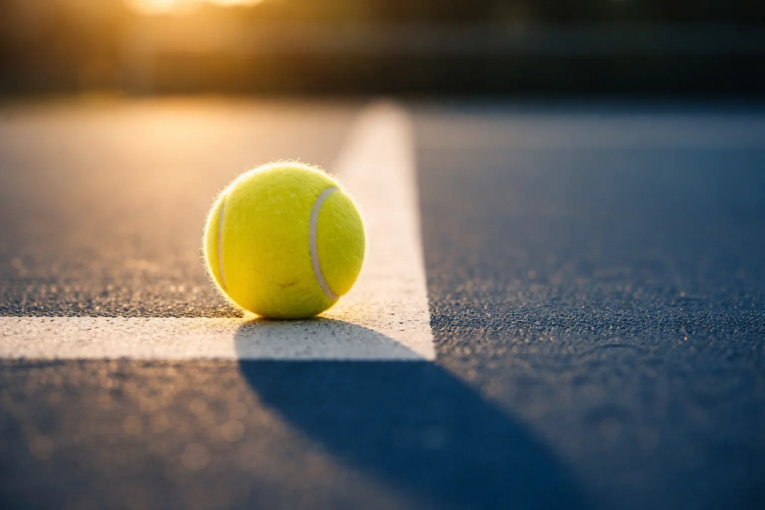 Tennisball auf Hartplatz-Linie in dramatischem Gegenlicht
