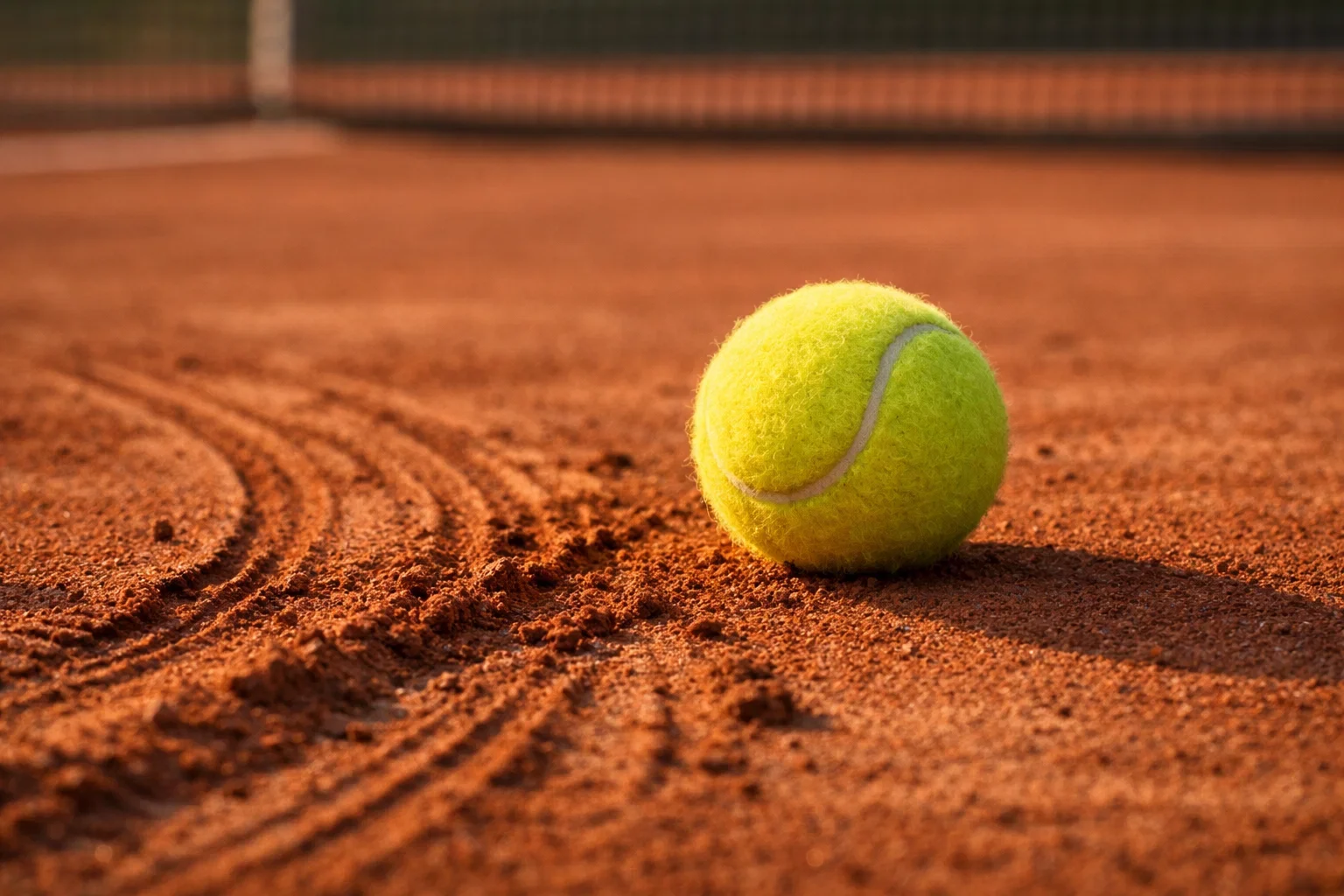 Tennisball auf rotem Sandplatz mit sichtbaren Rutschspuren eines Spielers