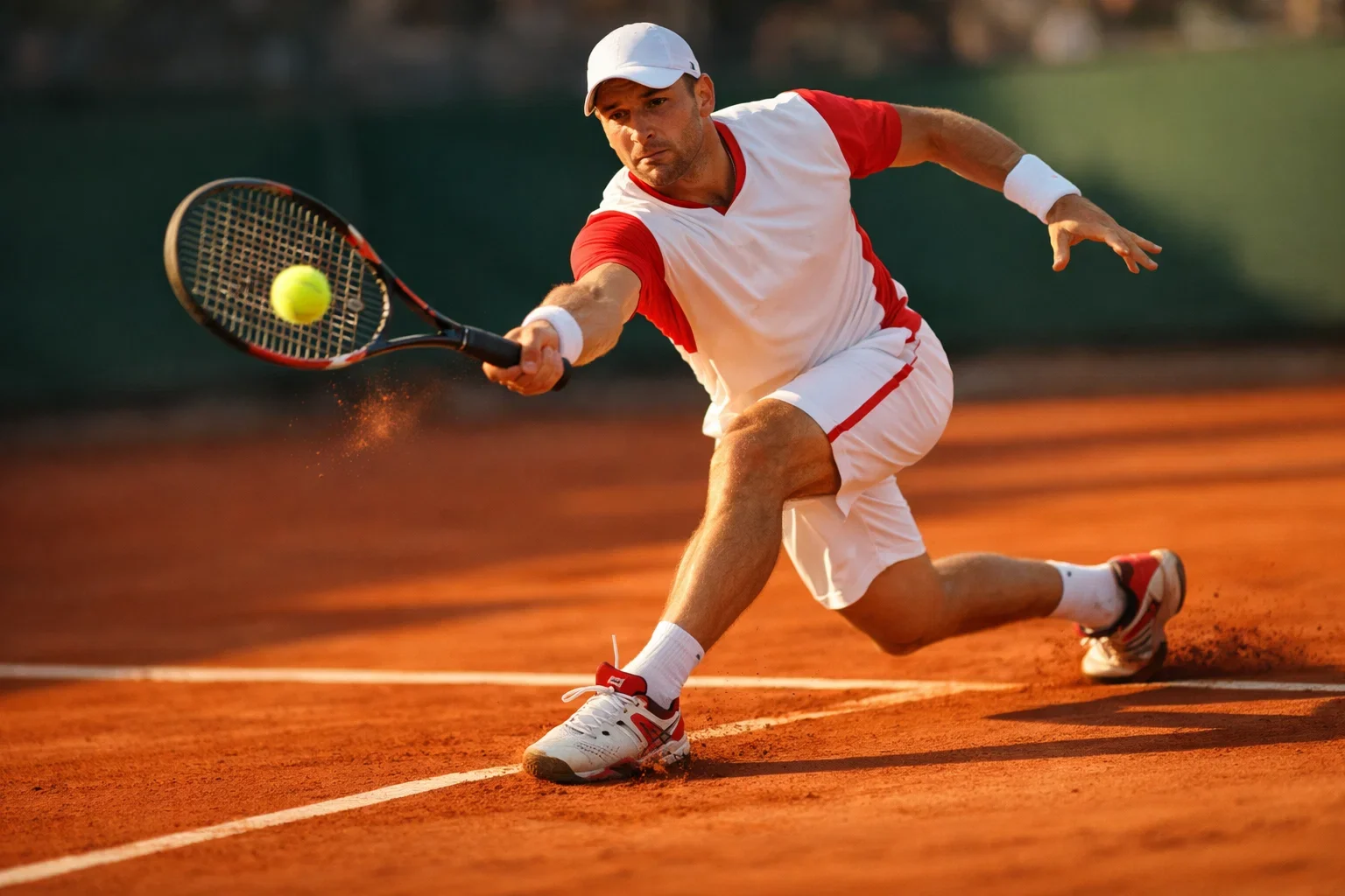 Tennisspieler schlägt Vorhand auf Sandplatz bei Sonnenlicht