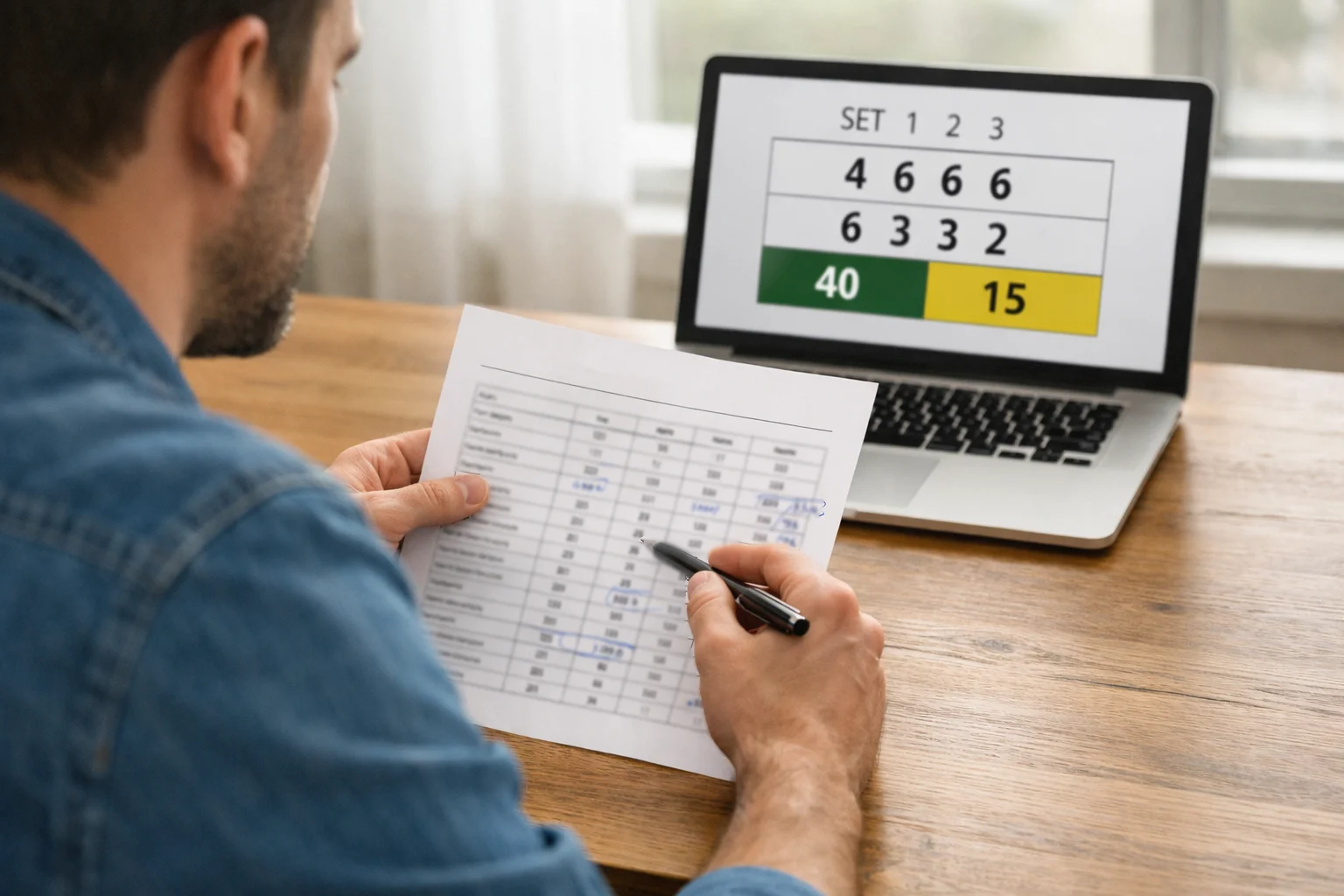 Person studiert Tennisstatistiken in einem Notizbuch neben einem Laptop