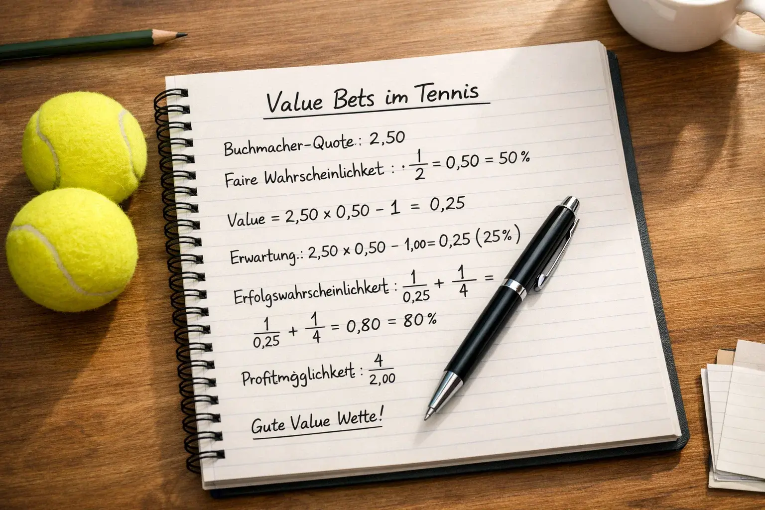 Detailaufnahme eines Notizbuchs mit Wahrscheinlichkeitsberechnungen neben Tennisbällen