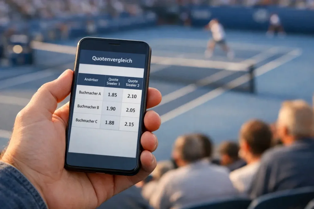 Person vergleicht Wettquoten auf dem Smartphone bei einem Tennismatch