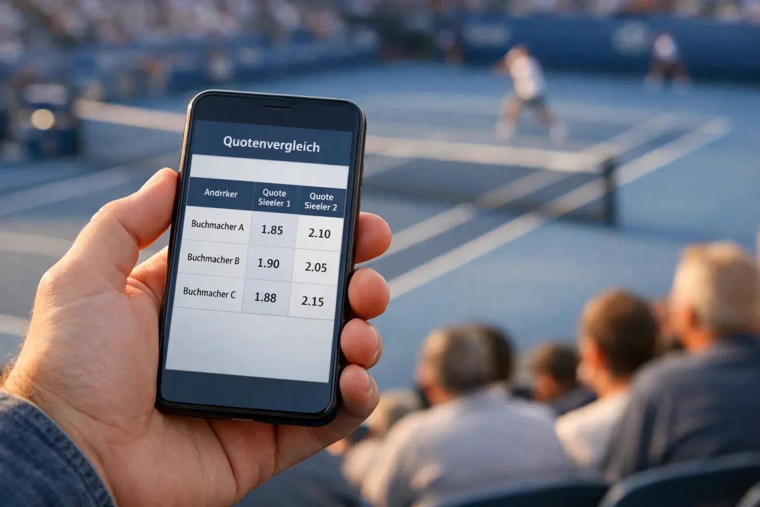 Person vergleicht Wettquoten auf dem Smartphone bei einem Tennismatch