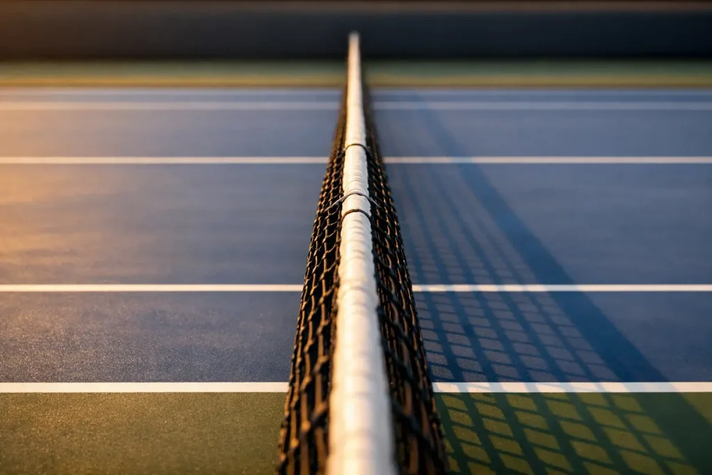 Nahaufnahme eines Tennisnetzes mit Blick auf den Platz aus der Mitte