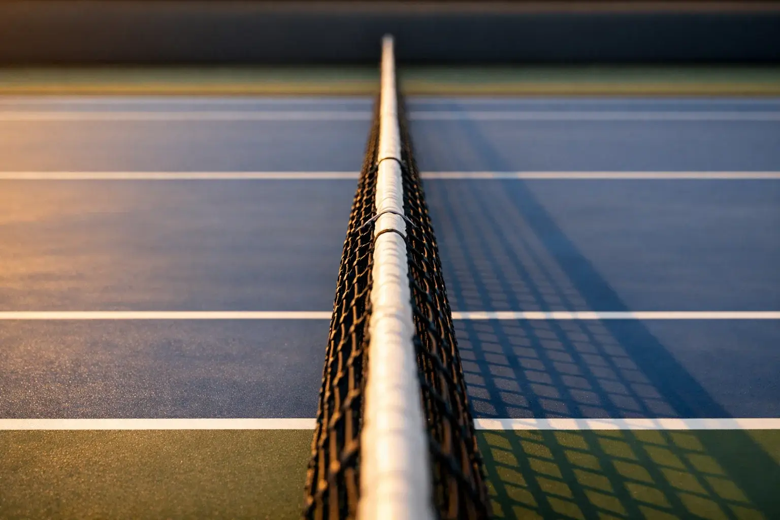 Nahaufnahme eines Tennisnetzes mit Blick auf den Platz aus der Mitte