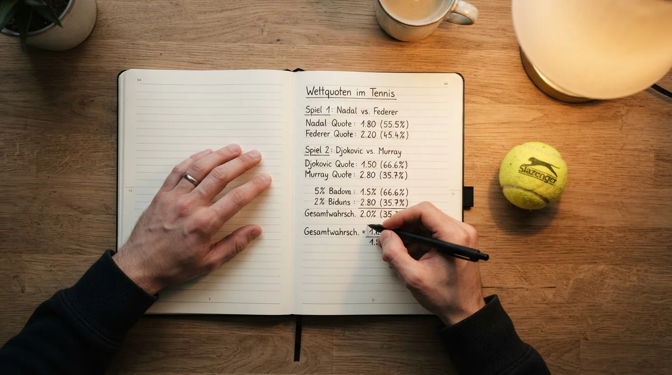 Person analysiert Tennisdaten mit einem Stift und einem Notizbuch am Schreibtisch
