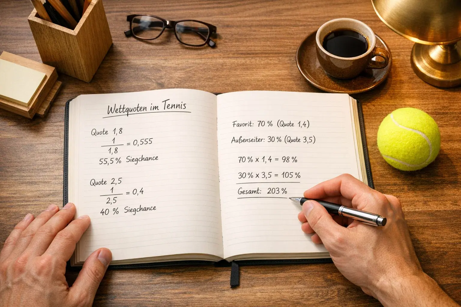 Person analysiert Tennisdaten mit einem Stift und einem Notizbuch am Schreibtisch